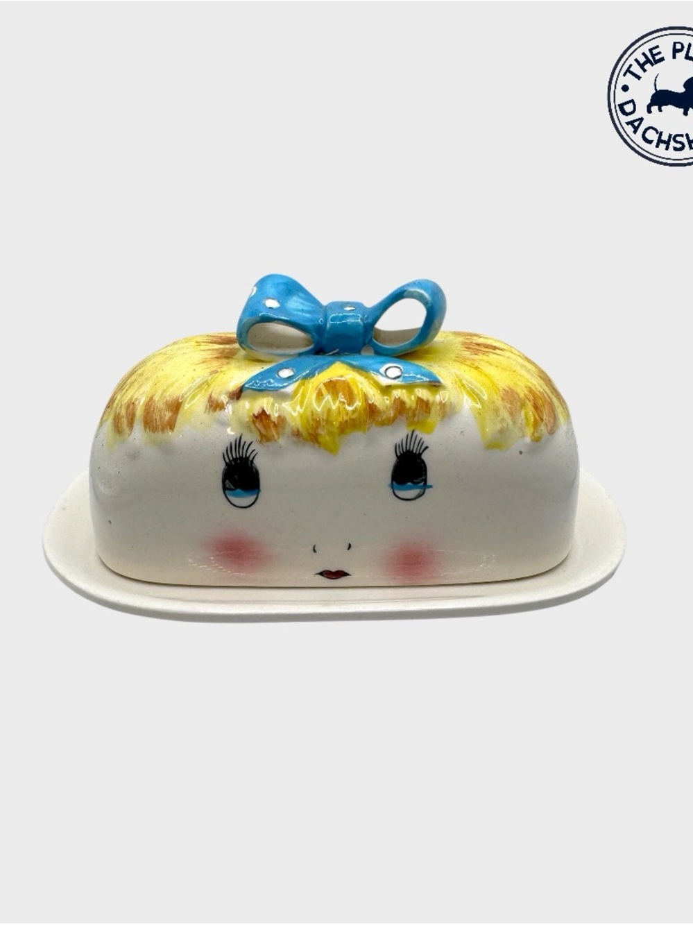 Vintage Rare Royal Sealy Big Eyed Girl Butter Dish with Blue Bow -